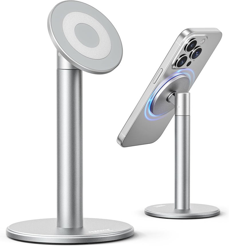 nulaxy Magnetic Full Aluminum Phone Stand, 360 Rotating Cell Phone Stand for Desk with Metal Ring, Adjustable Phone Holder Compatible with Phone 17 16 15 14 13 Pro Max and MagSafe Case, Silver - Image 1